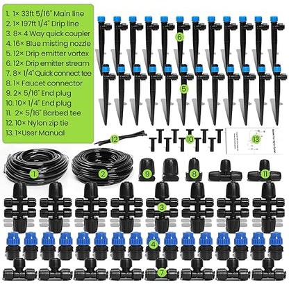 Bonviee 230FT Drip Irrigation System, 33FT 5/16" Mainline, Quick Connect | 33FT 5/16" and 197FT 1/4" Tubing. Garden watering System for Raised Beds, Greenhouses. 70% Water Savings. GRS Certified.