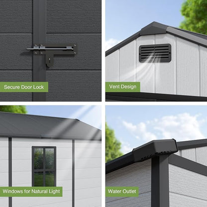 Greesum 8x10FT Resin Outdoor Storage Shed with Floor and Windows, All Weather Plastic Shed with Lockable Door & Vents for Garden, Backyard, Lawn, Light Gray