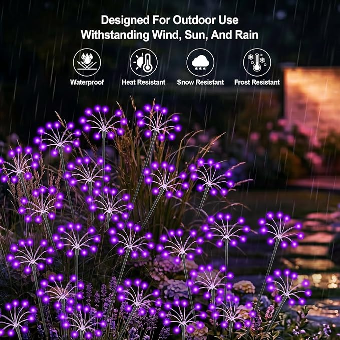 Solar Garden Lights Outdoor, 2 Pack New Upgraded Solar Swaying Starburst Light, Waterproof Fireworks Solar Lights, Yard Patio Pathway Decoration, Purple