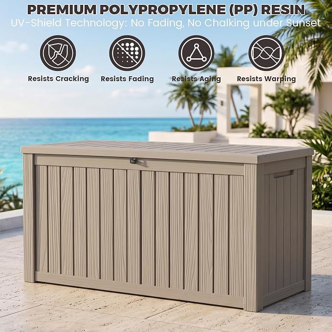 Outdoor Storage Box, 180 Gallon Waterproof Deck Box [Upgraded 3.1], Large Resin Storage with Hydraulic Gas Lifts for Cushions, Lawn Mower Tools Chest Bench, Large Backyard, Grey