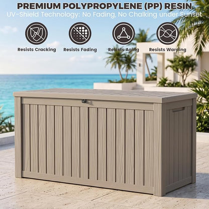 Outdoor Storage Box, 180 Gallon Waterproof Deck Box [Upgraded 3.1], Large Resin Storage with Hydraulic Gas Lifts for Cushions, Lawn Mower Tools Chest Bench, Large Backyard, Grey