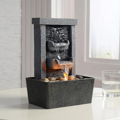 GOSSI Indoor Waterfall Fountain, 10.3" Tabletop Water Fountain with LED Lights & River Rocks, Relaxing Home Office Decor