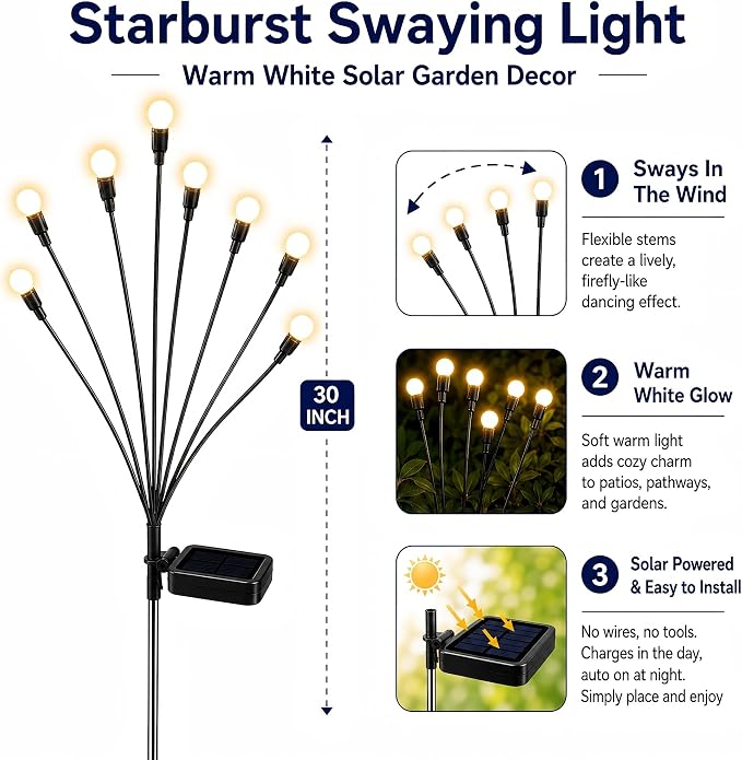 TONULAX Solar Garden Lights - 8 Pack 64 LED Upgraded Solar Swaying Light, Sway by Wind, Outdoor Lights, Yard Patio Pathway Decoration, High Flexibility Iron Wire & Heavy Bulb Base, Warm White