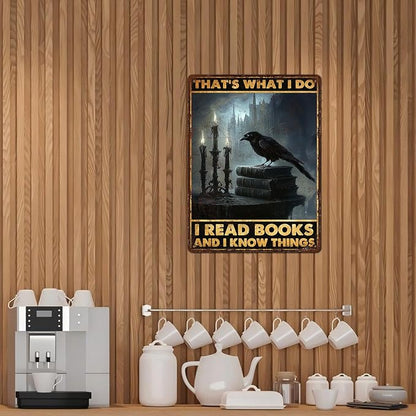 Retro Crows Tin Sign That's What I Do Read Book and I Know Things Vintage Books Metal Poster Funny Lovely Bird Wall Art Office Cafe Outdoor Room Kitchen Bar Man Cave 12 * 16inch