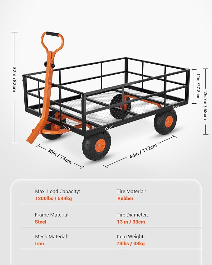 Garvee Steel Garden Cart, 1200 LBS Capacity Utility Outdoor Wagon, Heavy Duty Mesh Garden Wagon with Removable Sides, 2-in-1 Handle, 13" Tires for Yard, Lawn, Garden