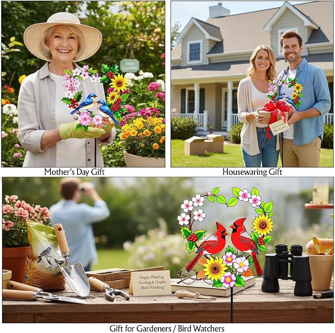 Garden Stakes Metal Bluebird - Heart Shaped Pair of Blue Birds with Flowers Colorful Yard Decor, Outdoor Lawn Ornament (Bluebird Couple)