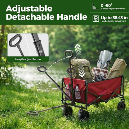 DUMOS Collapsible Wagon Cart, Heavy Duty Foldable Utility Wagon with Lockable Brake Wheels – 330 lbs Capacity, Flexible Handle for Beach, Garden, Sports, Grocery & Camping, Red