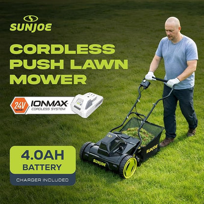 Sun Joe Cordless Electric Push Lawn Mower with 11.9-Gal Bag, 15-Inch Cutting Width, 360W Motor - Heavy-Duty Yard Trimmer for Gardening Care and Maintenance, IONMAX 24V-CRLM15