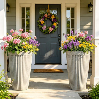 Autodaya 20" Ivory Outdoor Fluted Resin Tall Planters Set of 2 | High-Density Resin Pots with Drainage Holes for Indoor and Outdoor Plants, Patio, Garden, Porch, Living Room, or Gifting