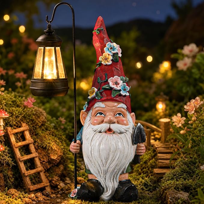 Garden Gnomes Statue with Solar Lantern, Outdoor Gnome Decorations for Yard, Outdoor Figurine Ornament with LED Lights for Patio Lawn, Mother's Day Birthday Gift for Women Mom Grandma