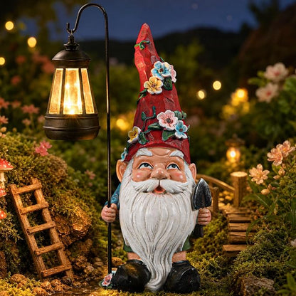 Garden Gnomes Statue with Solar Lantern, Outdoor Gnome Decorations for Yard, Outdoor Figurine Ornament with LED Lights for Patio Lawn, Mother's Day Birthday Gift for Women Mom Grandma