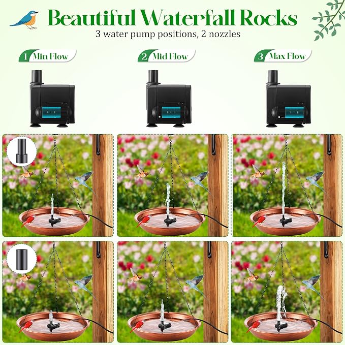 24.8 Extra Large Hanging Bird Bath with 8W Fountain Pump, 14" Copper Metal Bird Bath Bowl with Adjustable 3 Water Flow Modes and 2 Spray Nozzles, Birdbath Feeder for Outdoor Garden Backyard Patio Lawn