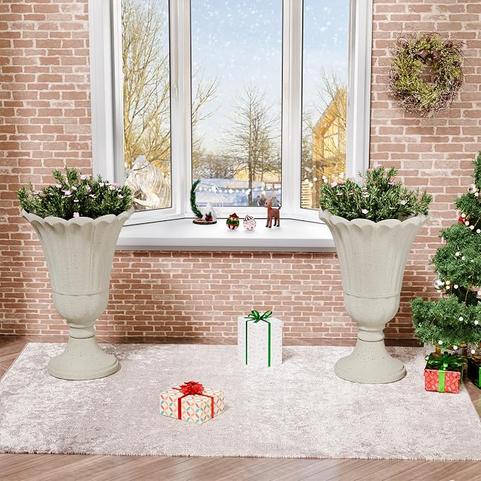 23.6" Tall Plastic Urn Planters for Outdoor Plants, Set of 2 Heavy-Duty Classic Indoor Large Flower Pots with Drainage Holes & Petal Design, Outdoor Planters for Porch, Home Garden, White