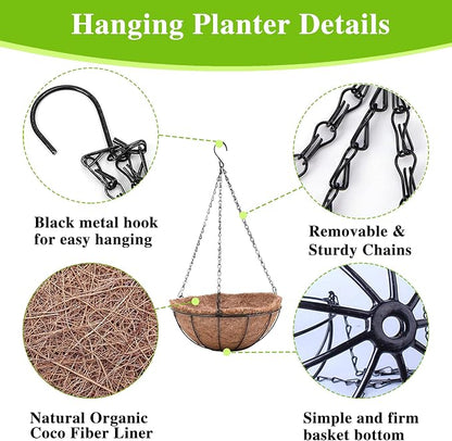 EIMQUVW 4 Pack Hanging Planter Basket Outdoor Large Hanging Flower Pots Indoor 12 inch with Coco Coir Liner Round Wire Plant Holder Chain Hanging Basket Garden for Home Decor Balcony Office1
