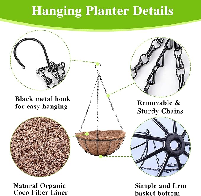 EIMQUVW Metal Hanging Planters Basket Set of 3 Hanging Flower Pots 12 Inch Chain Round Wire Plant Holder with Coco Coir Liner Garden Watering Hanging Baskets for Patio Garden Outdoor1