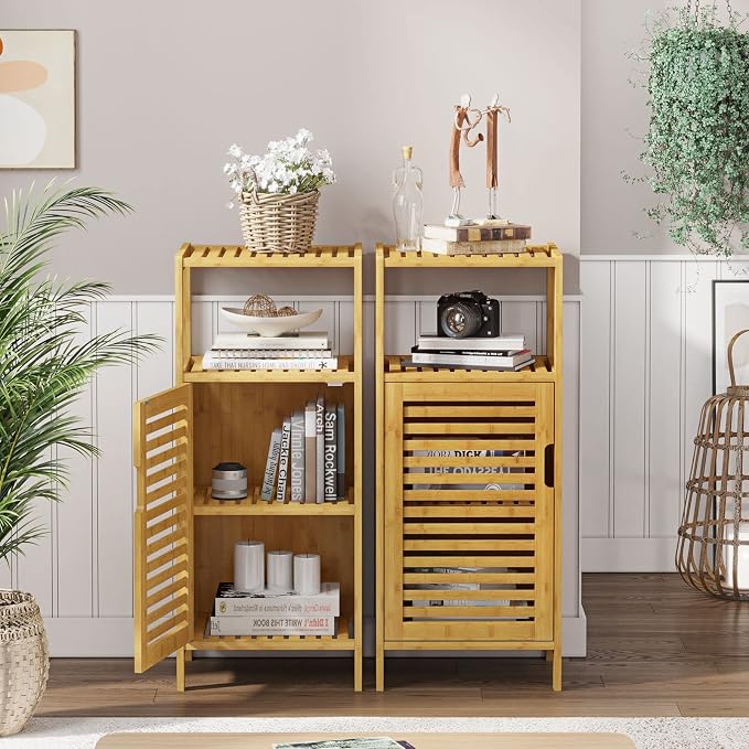 VIAGDO Bamboo Cabinet, Bathroom Storage Cabinet with Single Door and Shelf, Freestanding Bathroom Cabinet, Kitchen Cupboard, Sofa Side Table for Living Room/Hallway/Kitchen