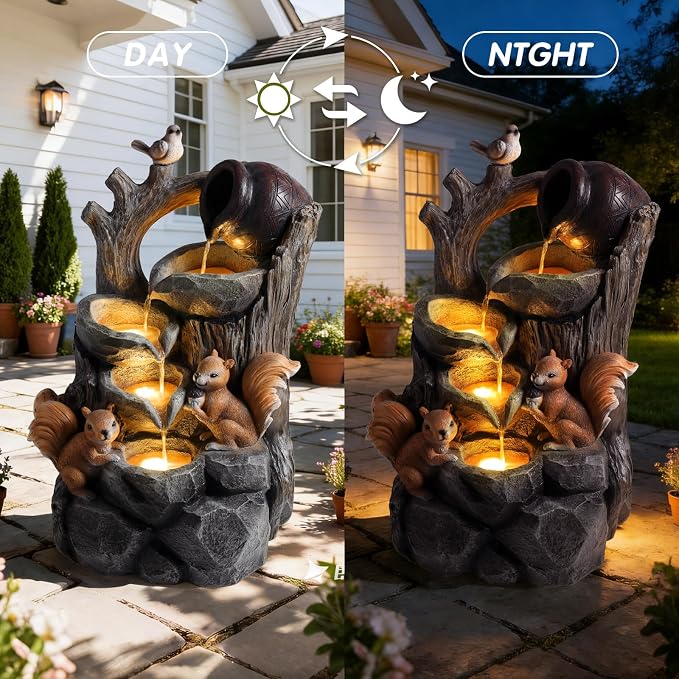 30.1" Outdoor Water Fountain with LED Lights, 4-Tier Waterfall Garden Decor with Squirrel Design, Resin Waterfall Fountain with Pump, Garden Water Feature for Patio Porch Yard, Gray