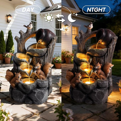 30.1" Outdoor Water Fountain with LED Lights, 4-Tier Waterfall Garden Decor with Squirrel Design, Resin Waterfall Fountain with Pump, Garden Water Feature for Patio Porch Yard, Gray