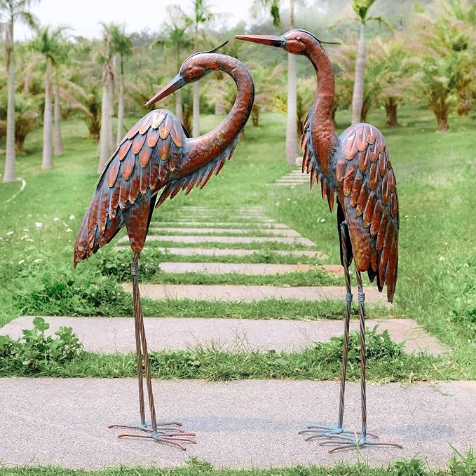 Kircust Outdoor Metal Heron Statues, Crane Sculptures for Garden Yard | Bronze 27.56" Tall, Set of 2 Heron Sculptures, Weatherproof, Patio Decor, Art