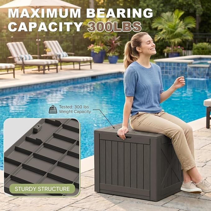 Greesum 40 Gallon Resin Deck Box, Outdoor Storage for Patio Furniture, Garden Tools, Pool Supplies, Weatherproof and UV Resistant, Lockable, Brown