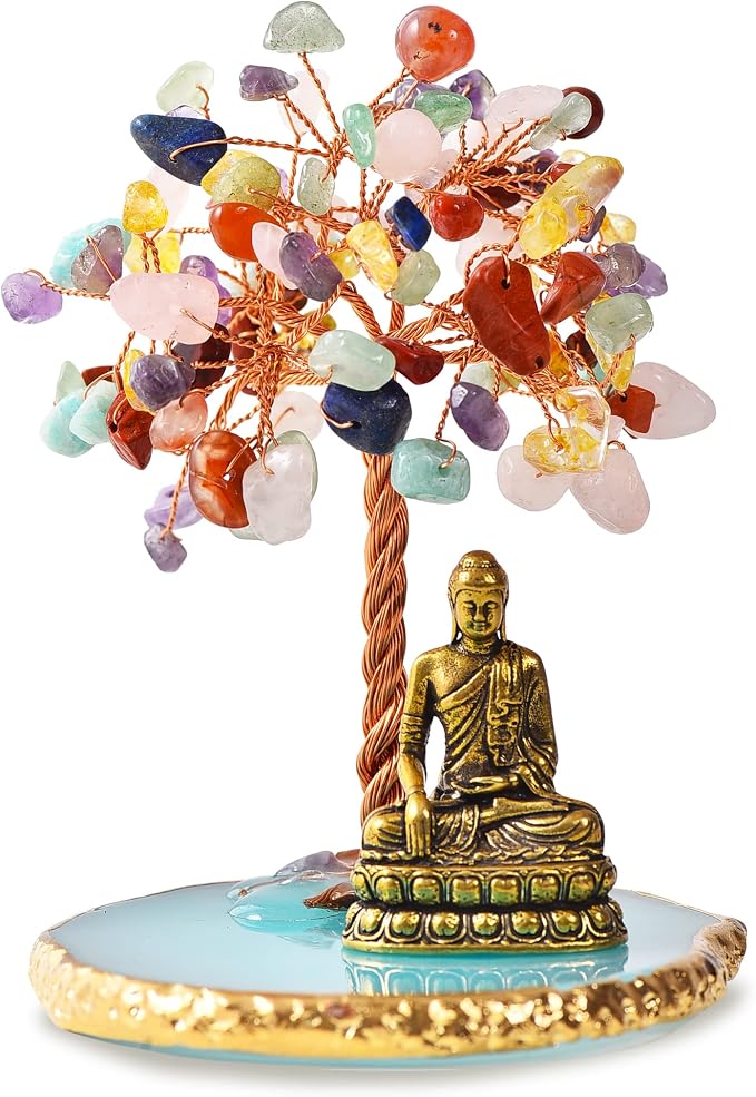 Buddha Statue with Healing Crystal Tree, Tree of Life for Positive Energy. Home Decor Yoga Meditation.7 Chakra.(C)