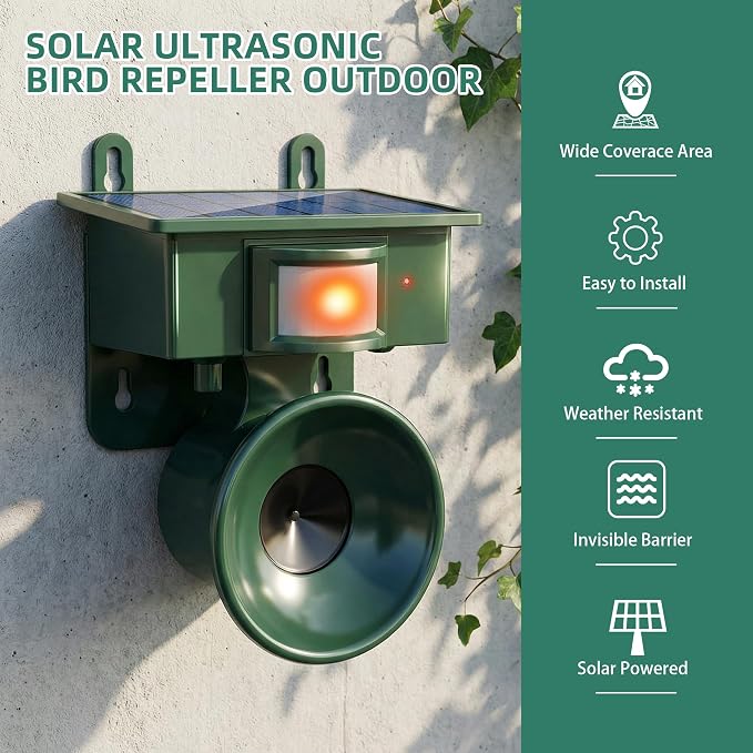 2026 Ultrasonic Bird Repeller Solar Powered Outdoor Motion Activated Bird Pigeon Deterrents for Outside Woodpecker Goose Repellent Devices for Porch Patio Balconies Rooftops(2)