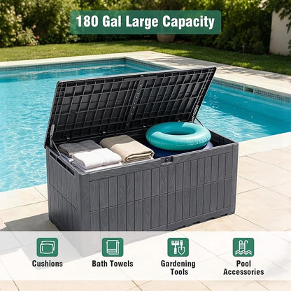 Tangkula 180 Gallon Outdoor Storage Box, Waterproof PP Resin Patio Storage Box with Lockable Lid for Indoor & Outdoor Use, 2-in-1 Rattan Design Deck Box for Cushions, Garden Tools