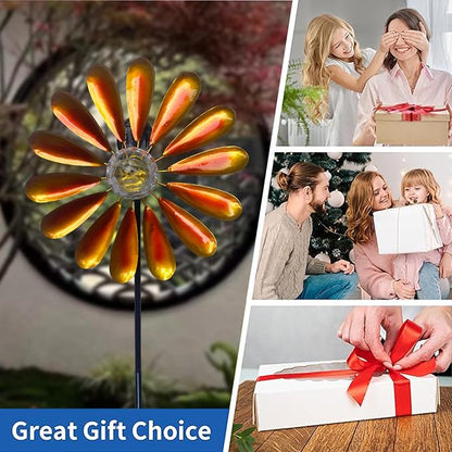 44.48in Orange Solar Daisy Wind Spinner, Metal Stake with Warm White LED Globe Lights