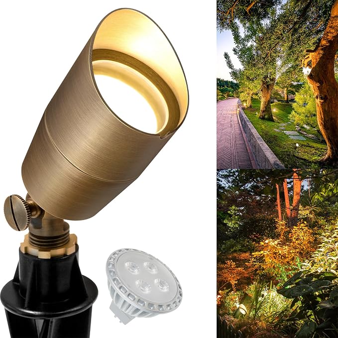 GKOLED Solid Brass Low Voltage Compact Spotlight, 12V AC/DC Waterproof Outdoor Landscape Spot Lights for House Trees Garden Yard Lawn, Up Light with 5W 2700K MR16 Bulb, Stake Included