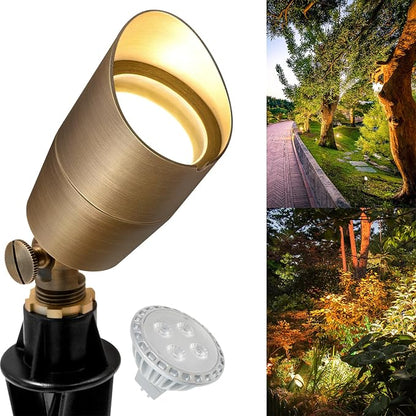 GKOLED Solid Brass Low Voltage Compact Spotlight, 12V AC/DC Waterproof Outdoor Landscape Spot Lights for House Trees Garden Yard Lawn, Up Light with 5W 2700K MR16 Bulb, Stake Included