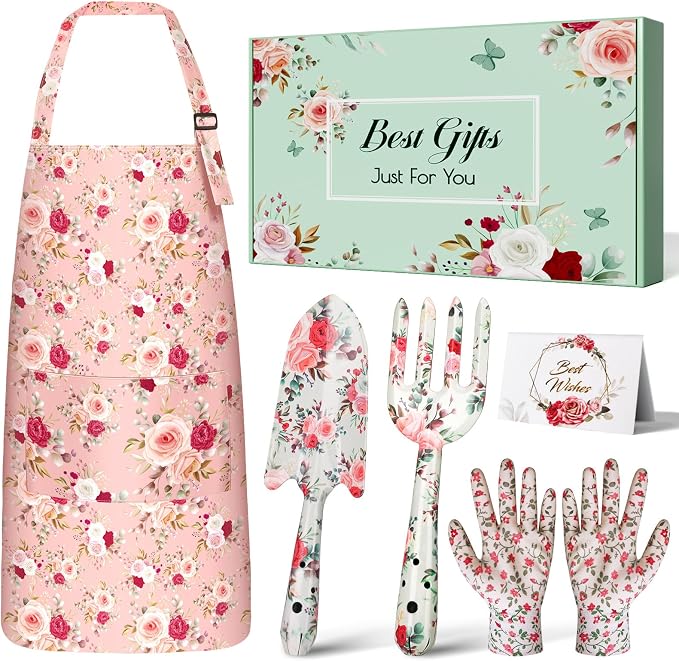 Gardening Gifts for Women, Garden Tools for Mom Grandma | Gardening Tools with Hand Fork Trowel Gloves Apron, Floral Print Birthday Pink Gifts for Plant Lovers Wife, Retirement Gifts