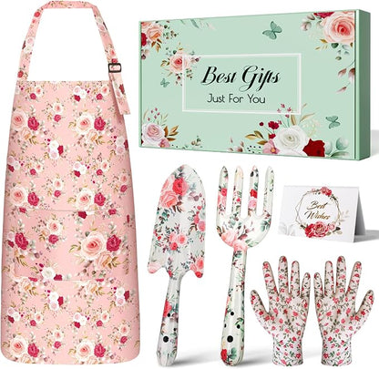 Gardening Gifts for Women, Garden Tools for Mom Grandma | Gardening Tools with Hand Fork Trowel Gloves Apron, Floral Print Birthday Pink Gifts for Plant Lovers Wife, Retirement Gifts
