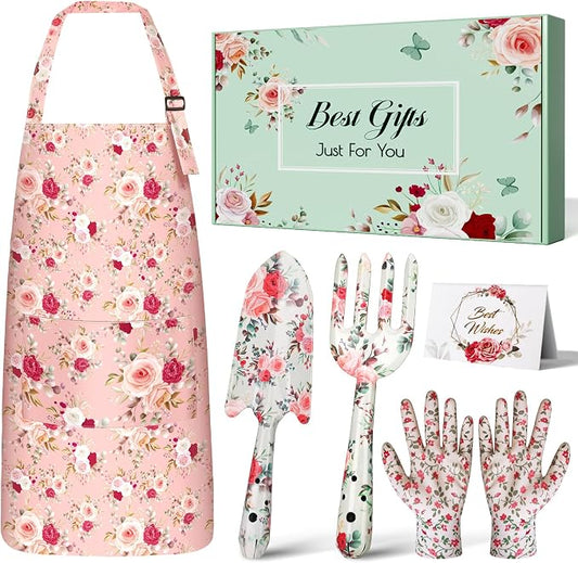 Gardening Gifts for Women, Garden Tools for Mom Grandma | Gardening Tools with Hand Fork Trowel Gloves Apron, Floral Print Birthday Pink Gifts for Plant Lovers Wife, Retirement Gifts