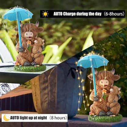 Joint Honglin Solar Highland Cow Garden Statue with Raindrop String Lights, Flashing Umbrella Fairy Lights Outdoor Resin Figurine, Yard Lawn Ornament, Unique Birthday for Mom Grandma