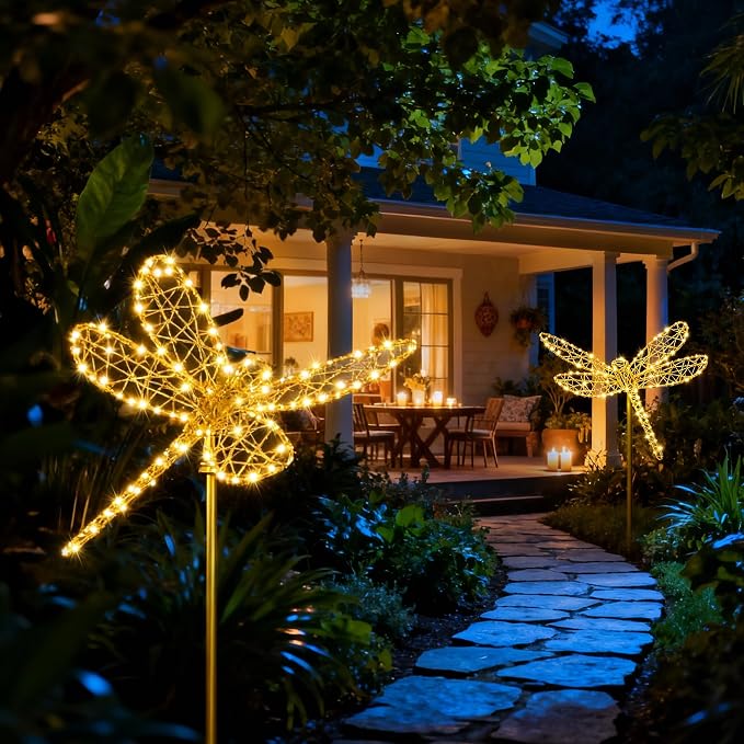 Flacchi Solar Garden Lights Outdoor Waterproof - Dragonfly Decor with 240LED, Solar Powered Iron Easy to Install for Pathway Garden Decorations Patio Decor Yard Decoration