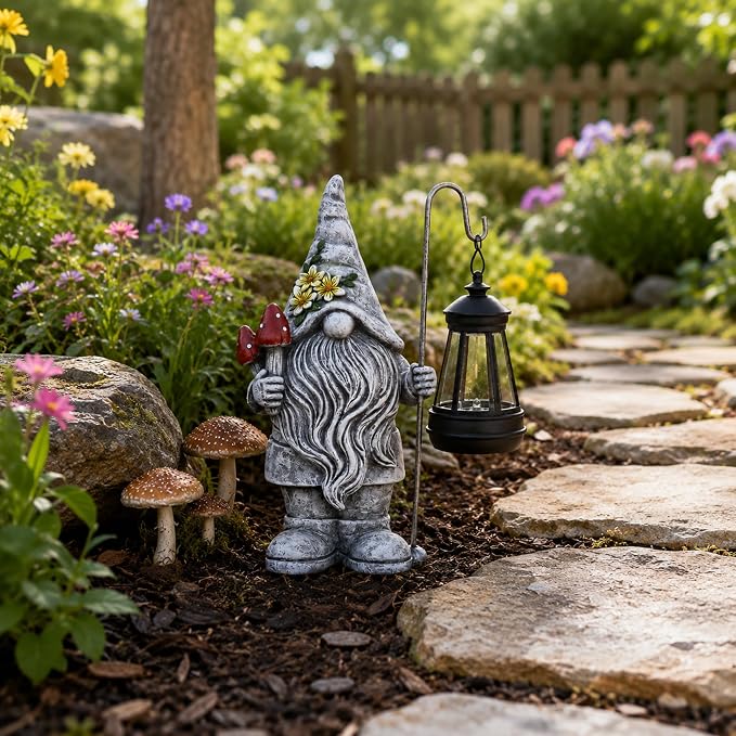 Garden Gnome Statue with Lantern: Outdoor Waterproof Sculpture | Home Yard Lawn Balcony Patio Porch Decorations, Birthday Gifts for Mom Women Grandma