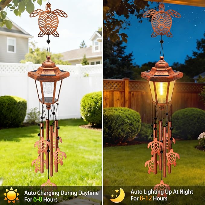 Large Solar Turtle Wind Chimes, Gifts for Women Mom Grandma Wife Sister Daughter Neighbor, Classic Bronze Wind Chimes with Wind Catcher, Solar Decor Lights for Outdoor Garden Patio Yard Porch Window