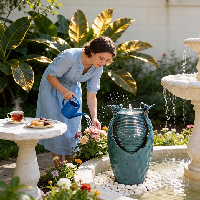 25" H Jar Ceramic Outdoor Fountain with Birds, Relaxing Water Feature | High-Fired Turqupise Glaze and Hammered Texture, Bird-Friendly Garden Fountain, Trickling Water Flow for Garden, Patio, Yard