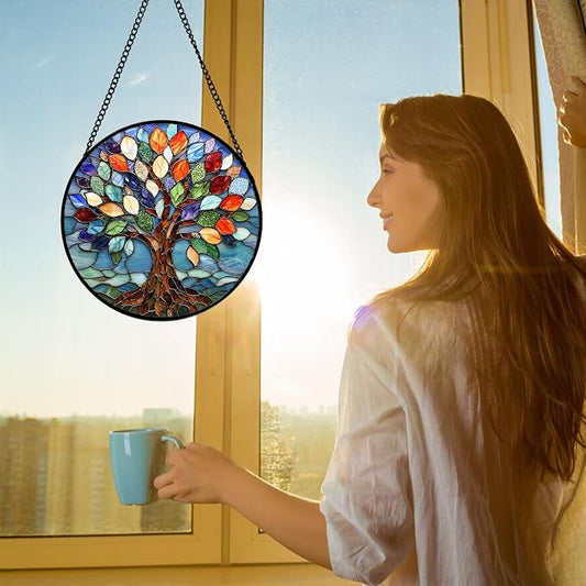 DASTOLL Stained Glass Window Hanging, Colorful Tree of Life Sun Catchers Glass Panel Blue Suncatcher Decor for Birthday for Women, Men, Wife, Aunt, and Mom 6.3 in