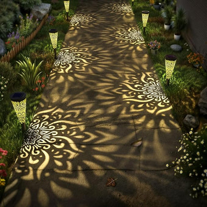 gardencave 6 Pack Solar Lights Outdoor Garden Decorative Mandala Solar Garden Lights with Warm Light Waterproof Solar Pathway Landscape Lights for Path Patio Backyard Walkway Yard Lawn Decor (Black)