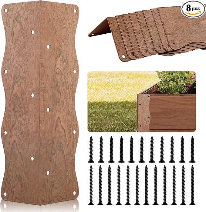 Set of 8 Raised Garden Bed Corner Brackets with Wood Screws, Rust Resistant Metal Connectors 11" x 3" x 3" for 20"-24" Beds, Raised Bed Corners for Vegetable Planter Garden Wood Grain