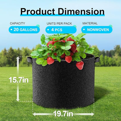 Land Guard 4-Pack Fabric Grow Bags 20 Gallon, Thickened Nonwoven Garden Pots, Growing Bags with Handles, Black