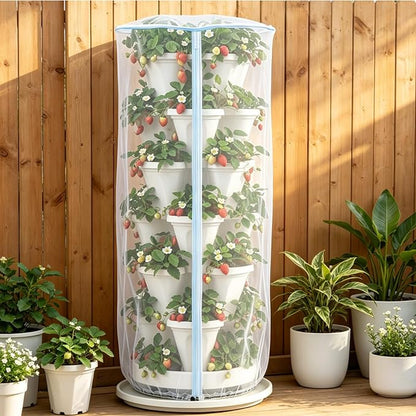24"x59"Vertical Plant Pot Insect Netting with Zipper for Strawberry Planter | 2 Pcs Stackable 6-7 Tier Planter Pot Insect Mesh Protection for Herb Flower Fruit Vegetable, Front and Rear Two Zippers