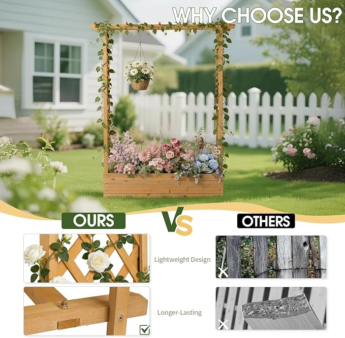 VINGLI Raised Garden Bed with Trellis & Hanging Roof, Wooden Planter Box with Drainage Holes for Outdoor Climbing Plants Vegetables Flowers, Patio Yard Balcony (Teak, Taller)