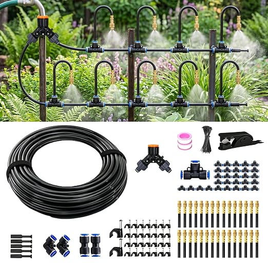120FT Sprayer Irrigation System, Drip Irrigation Kit with 30 PCS 360° Adjustable Misting Copper Nozzles for Garden, Lawn, Patio, Greenhouse