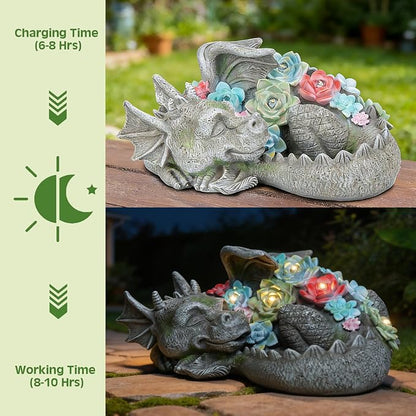 Garden Dragon Statue Outdoor Decor, Coiled Sleeping Dragon Figurine with Solar Light Succulent, Waterproof Resin Garden Sculpture for Outside Lawn Patio Yard Ornament