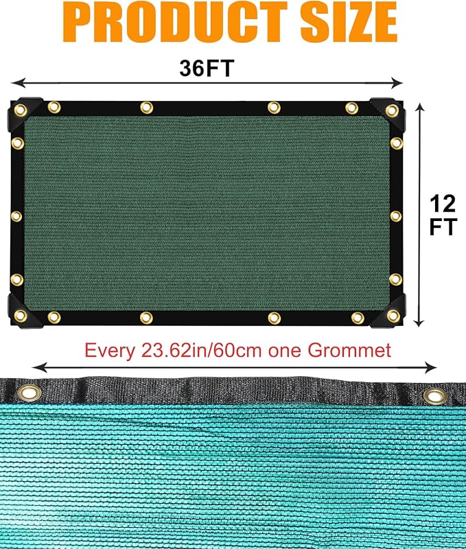 70% Green Colored Shade Cloth 12ft x 36ft Sun Shade Netting with Grommets | Breathable UV Block Balanced Shade for Garden, Plants Cover Patio, Pergola, Chicken Coop, Kennel, Vegetables, Greenhouse