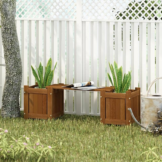 Furinno TIOMAN Mini Planter Box with Bench, Hardwood Flower Box with Seat, Cube Garden Box, in Teak Oil, Outdoor Indoor, Garden, Patio, Balcony, Light Wood