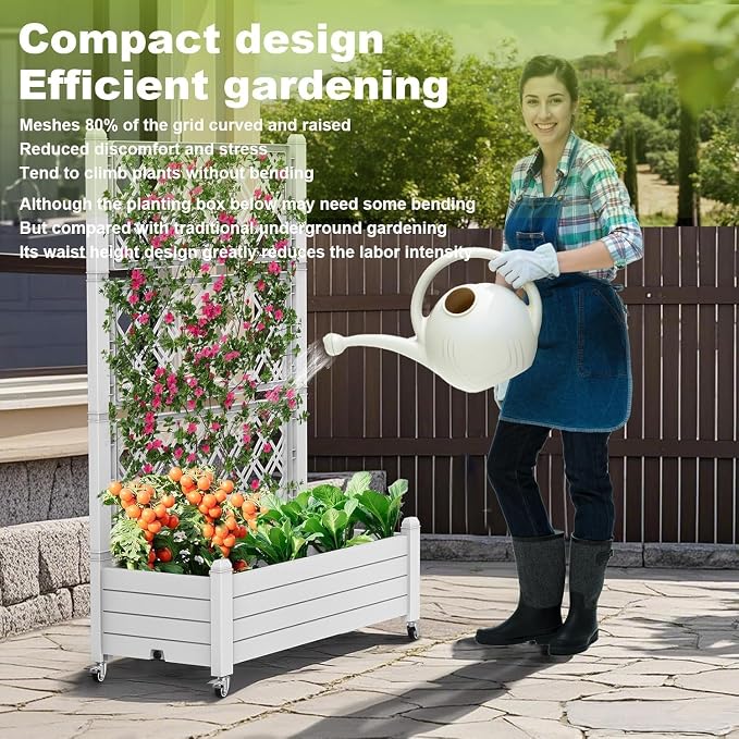 PatioZen Raised Garden Bed with Trellis, 21 Gallon Self Watering Planter Box with Lockable Wheels & Drainage Holes for Climbing Plants Vegetables Flowers, Anti-Rust Resin for Backyard Patio (Ashen)