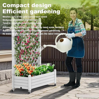 PatioZen Raised Garden Bed with Trellis, 21 Gallon Self Watering Planter Box with Lockable Wheels & Drainage Holes for Climbing Plants Vegetables Flowers, Anti-Rust Resin for Backyard Patio (Ashen)
